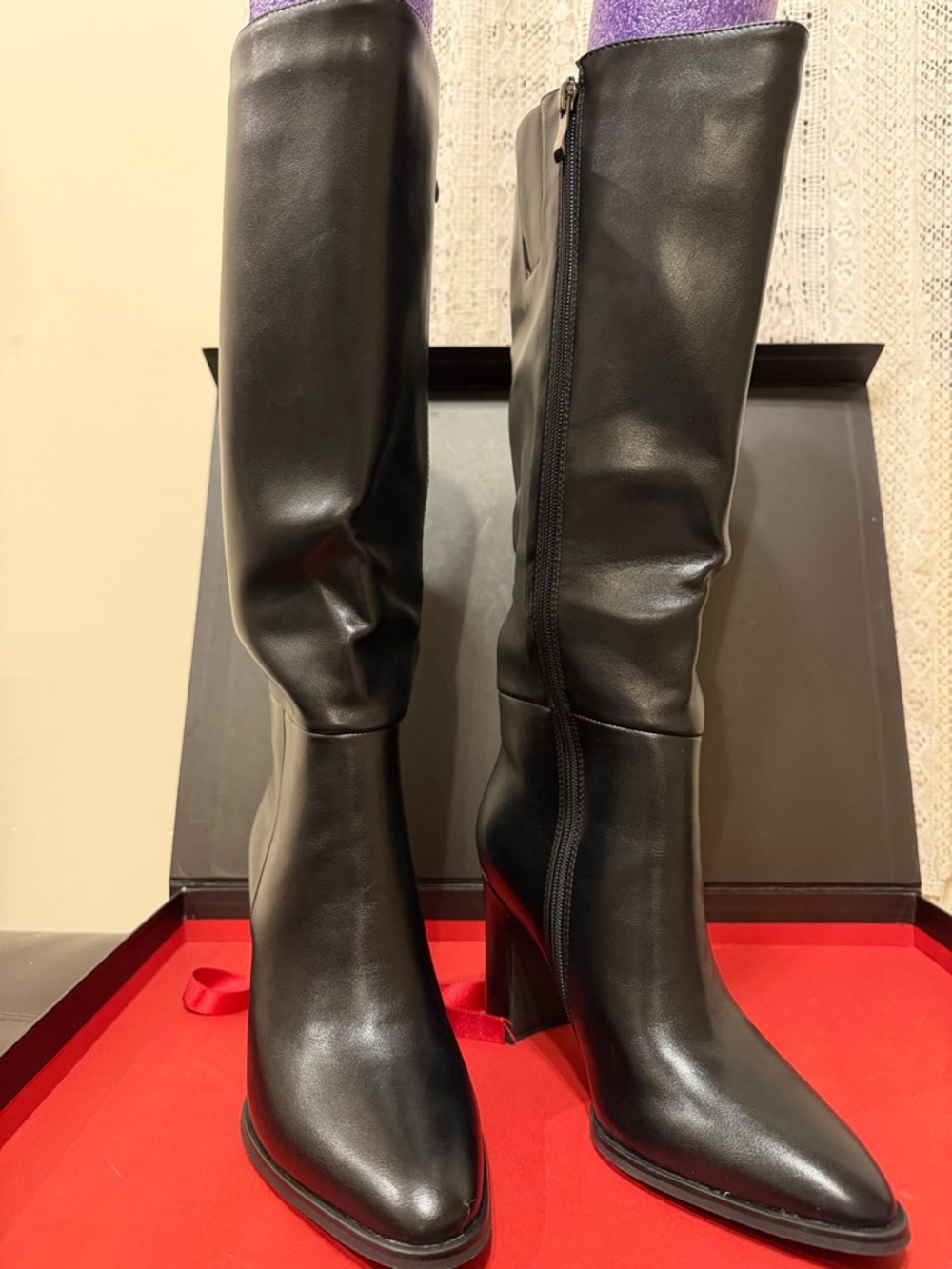 WETKISS Women's Black Vegan Leather Knee-High Heeled Boots